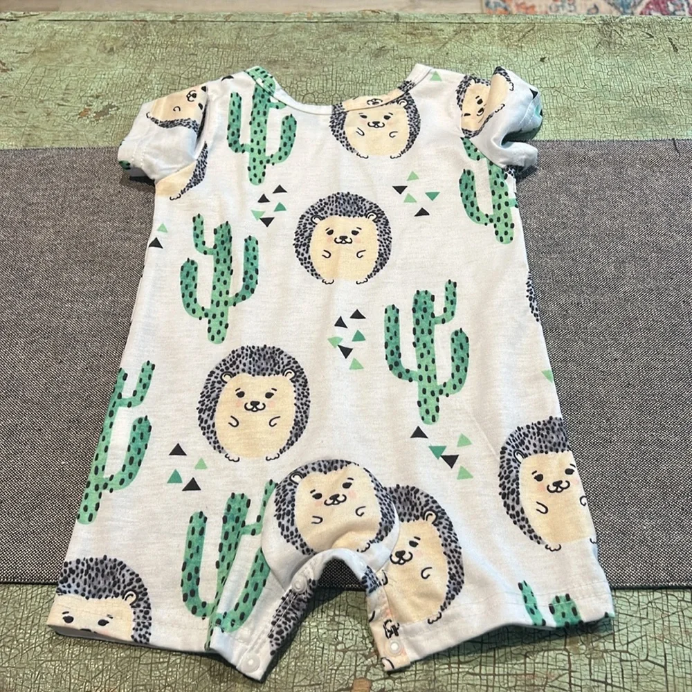 Gender Neutral 3-6 month one piece rompers - hedgehog shorts, Palm Long Pants